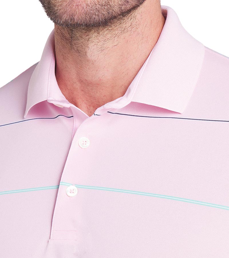 Puma AP Rugby Stripe Mens Golf Polo in Pale Pink- closeup of collar and 3 button placket