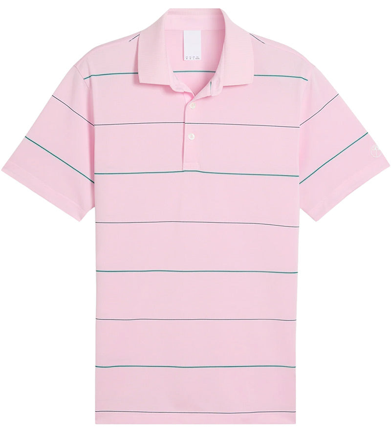 Puma AP Rugby Stripe Mens Golf Polo in Pale Pink- front