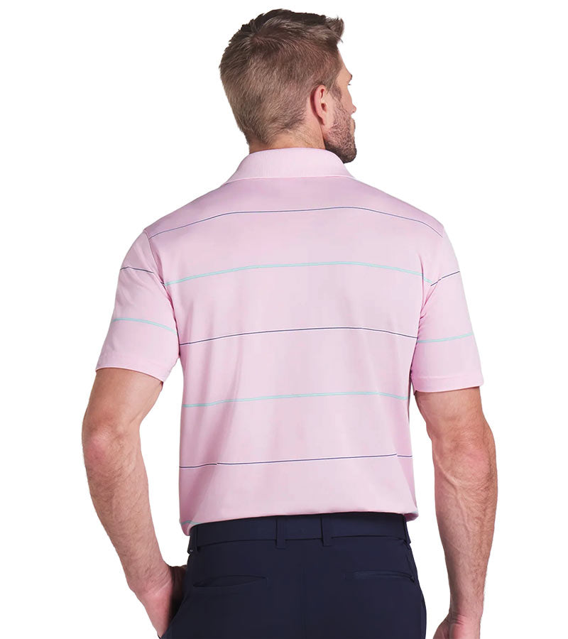 Puma AP Rugby Stripe Mens Golf Polo in Pale Pink -partial model back view