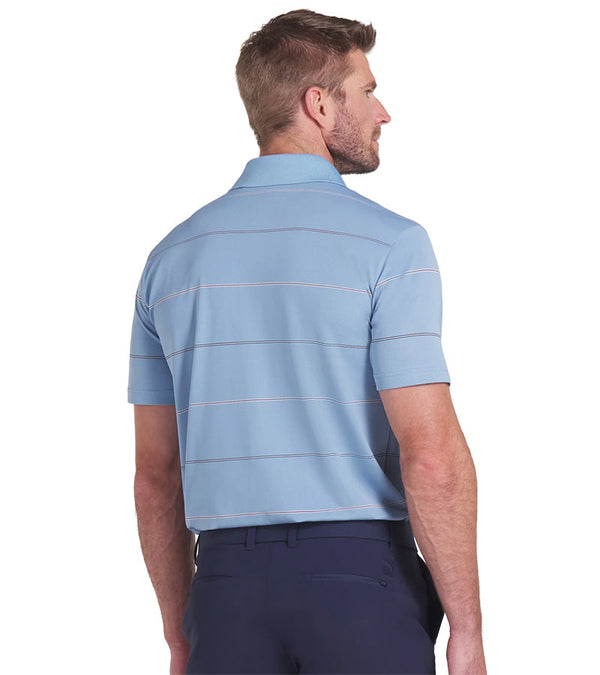 Puma AP Rugby Stripe Mens Golf Polo in Zen Blue - partial model back view