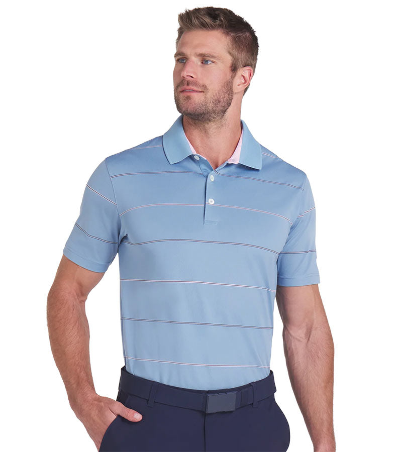 Puma AP Rugby Stripe Mens Golf Polo in Zen Blue - partial model front view