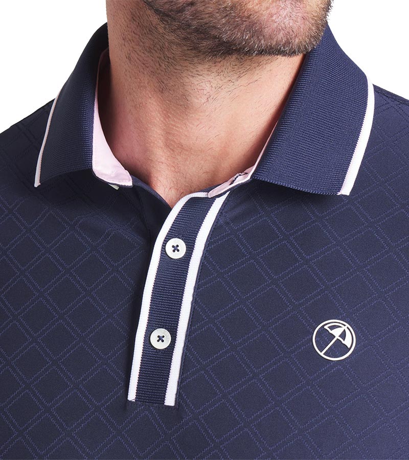 Puma AP Tipped Jacquard Mens Golf Polo in Deep Navy - closeup of collar and 3 button placket