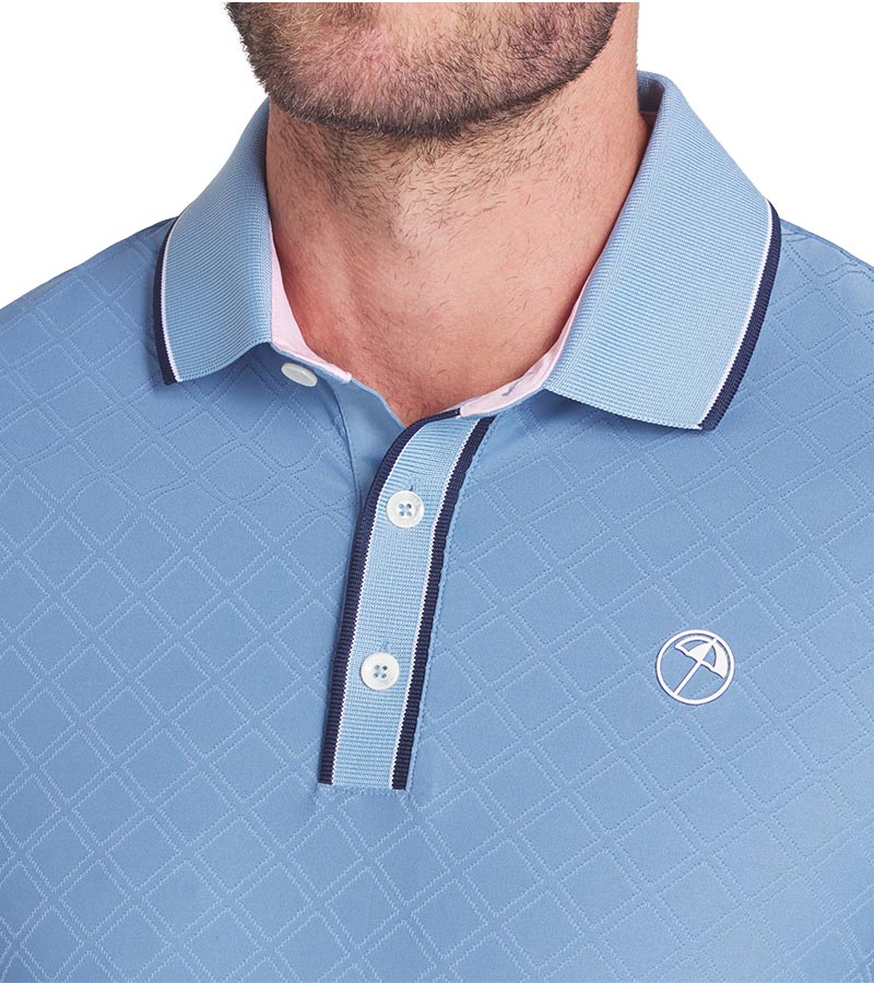 Puma AP Tipped Jacquard Mens Golf Polo in Zen Blue- closeup of collar and 3 button placket