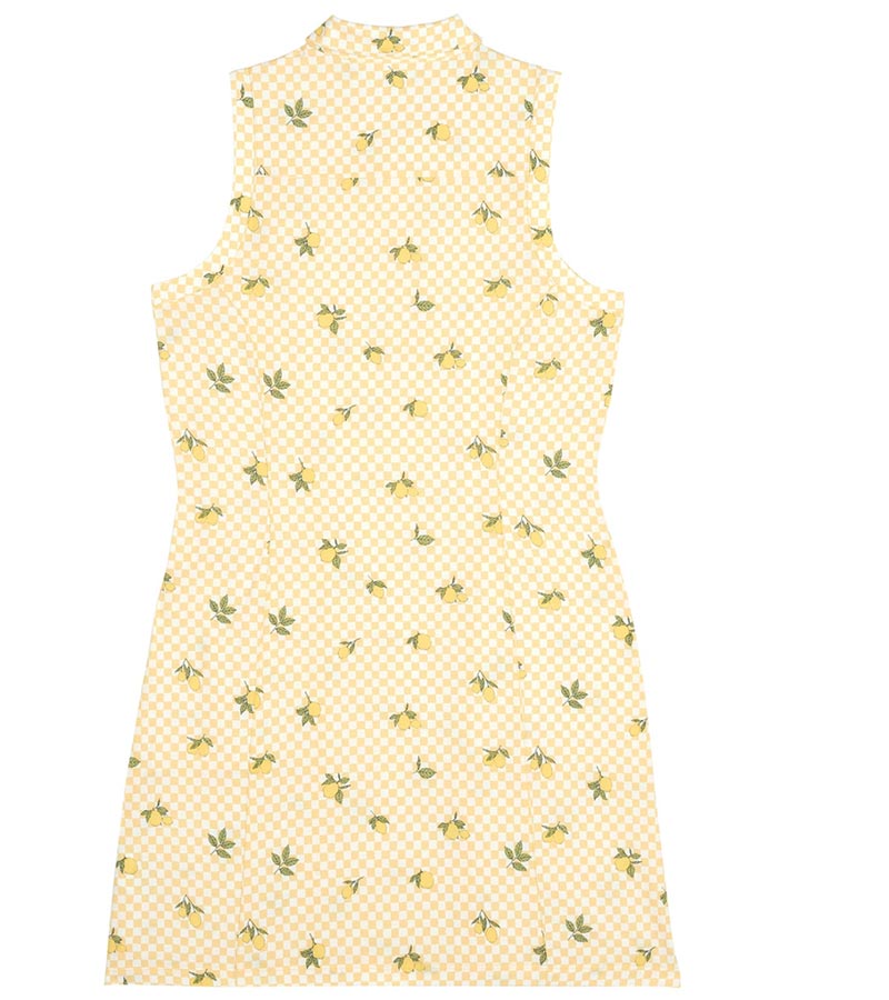 Puma Lemons Woven Womens Golf Dress- back view in Sunny Yellow, an allover lemon print on a cheerful yellow-and-white checkered background.