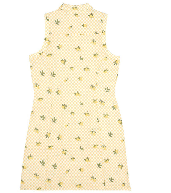 Puma Lemons Woven Womens Golf Dress- back view in Sunny Yellow, an allover lemon print on a cheerful yellow-and-white checkered background.