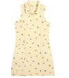 Puma Lemons Woven Womens Golf Dress- front view in Sunny Yellow, an allover lemon print on a cheerful yellow-and-white checkered background.