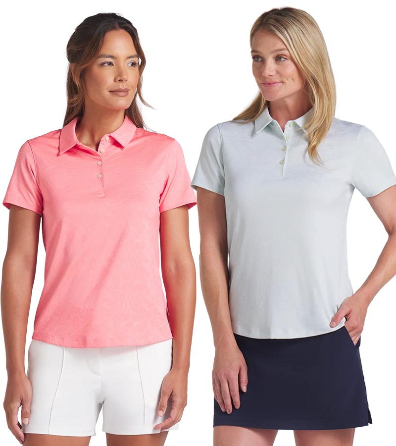 Puma MATTR Lianas Jacquard Womens Golf Polo - two model front view in Peach Frost and Peaceful Blue
