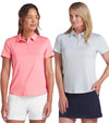 Puma MATTR Lianas Jacquard Womens Golf Polo - two model front view in Peach Frost and Peaceful Blue
