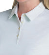 Puma MATTR Lianas Jacquard Womens Golf Polo in Peaceful Blue- closeup of collar and 4 button placket