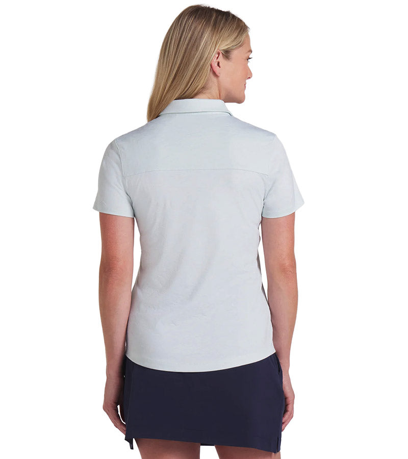 Puma MATTR Lianas Jacquard Womens Golf Polo in Peaceful Blue- partial model in back view