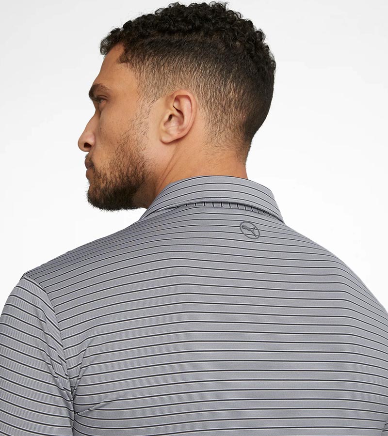 Puma Mens MATTR Bay Golf Polo Model Front in Ash Gray / Black Puma with simple thin stripes in a two different colors. Closeup of the back with the Puma logo just below the collar.