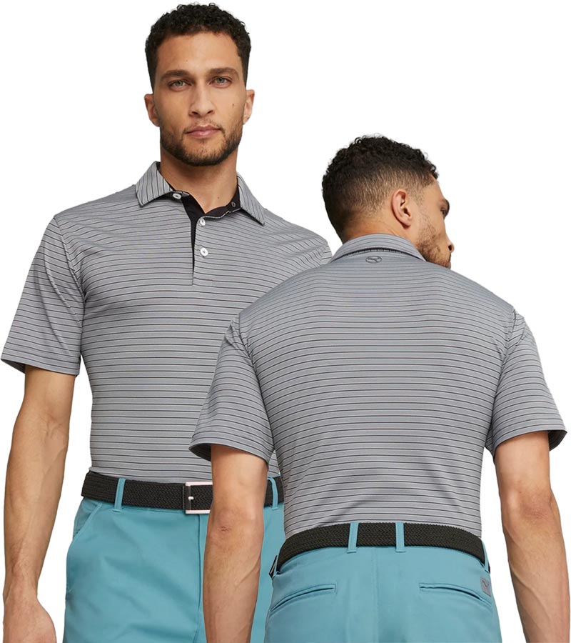 Puma Mens MATTR Bay Golf Polo Model Front in Ash Gray / Black Puma with simple thin stripes in 2 different colors. Front and back views with a partial model.