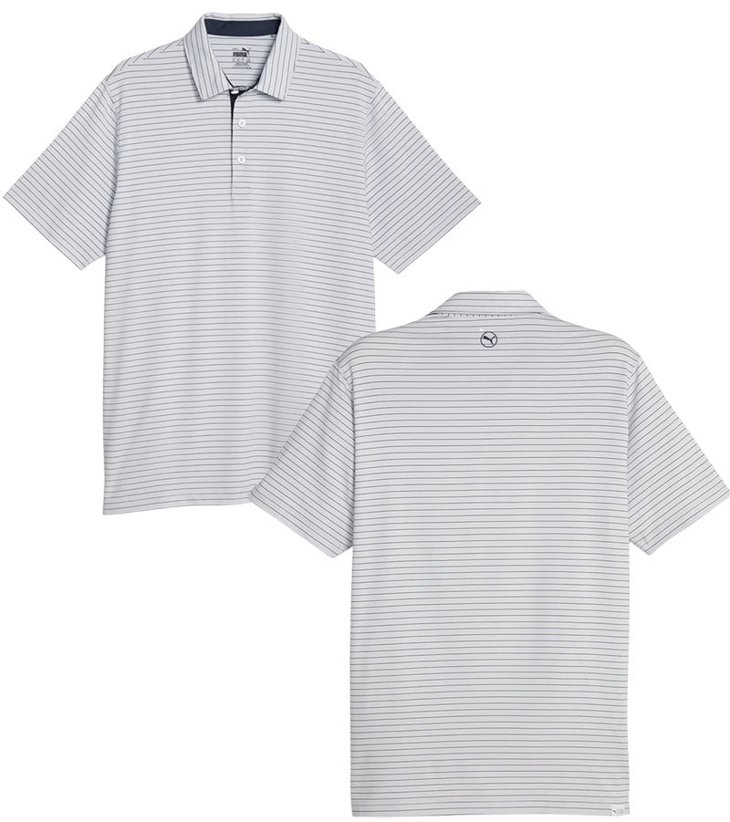 Puma Mens MATTR Bay Golf Polo Model Front in Ash Gray / Navy Blazer with simple thin stripes in 2 different colors. A 3 button placket, darker navy lining at the collar. Front and back views