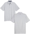 Puma Mens MATTR Bay Golf Polo Model Front in Ash Gray / Navy Blazer with simple thin stripes in 2 different colors. A 3 button placket, darker navy lining at the collar. Front and back views
