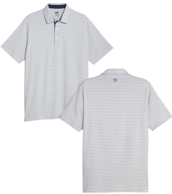 Puma Mens MATTR Bay Golf Polo Model Front in Ash Gray / Navy Blazer with simple thin stripes in 2 different colors. A 3 button placket, darker navy lining at the collar. Front and back views