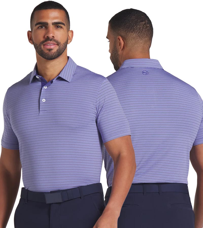 Puma Mens MATTR Bay Golf Polo Model Front in Blue Crystal/Deep Navy with simple thin stripes in 2 different colors. A 3 button placket lined with darker color at the collar. Front and back views with a partial model.