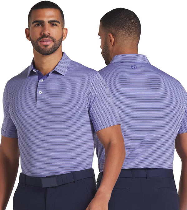 Puma Mens MATTR Bay Golf Polo Model Front in Blue Crystal/Deep Navy with simple thin stripes in 2 different colors. A 3 button placket lined with darker color at the collar. Front and back views with a partial model.