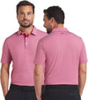 Puma Mens MATTR Bay Golf Polo Model Front in Dark Crimson / Red Fire with simple thin stripes in 2 different colors. Partial model showing front and back views.