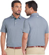 Puma Mens MATTR Bay Golf Polo Model Front in Dark Myrtle/Pink Fruit with simple thin stripes in 2 different colors. Front and back views with a partial model.