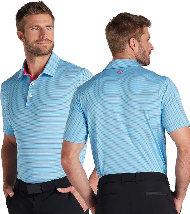 Puma Mens MATTR Bay Golf Polo Model Front in Garnet Rose / Aqua Blue with simple thin stripes in 2 different colors. A 3 button placket lined with red at the collar. Front and back views with a partial model.
