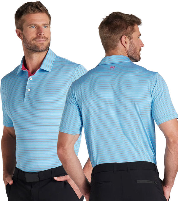 Puma Mens MATTR Bay Golf Polo Model Front in Garnet Rose / Aqua Blue with simple thin stripes in 2 different colors. A 3 button placket lined with red at the collar. Front and back views with a partial model.