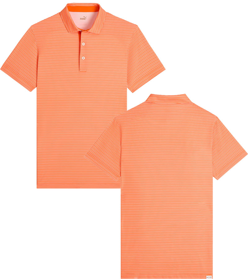 Puma Mens MATTR Bay Golf Polo Model Front in White Glow / Rickie Orange with simple thin stripes in two different colors with a 3 button placket, darker orange lining at the collar. Front and back views