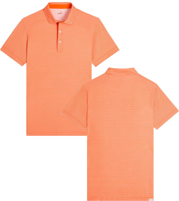 Puma Mens MATTR Bay Golf Polo Model Front in White Glow / Rickie Orange with simple thin stripes in two different colors with a 3 button placket, darker orange lining at the collar. Front and back views