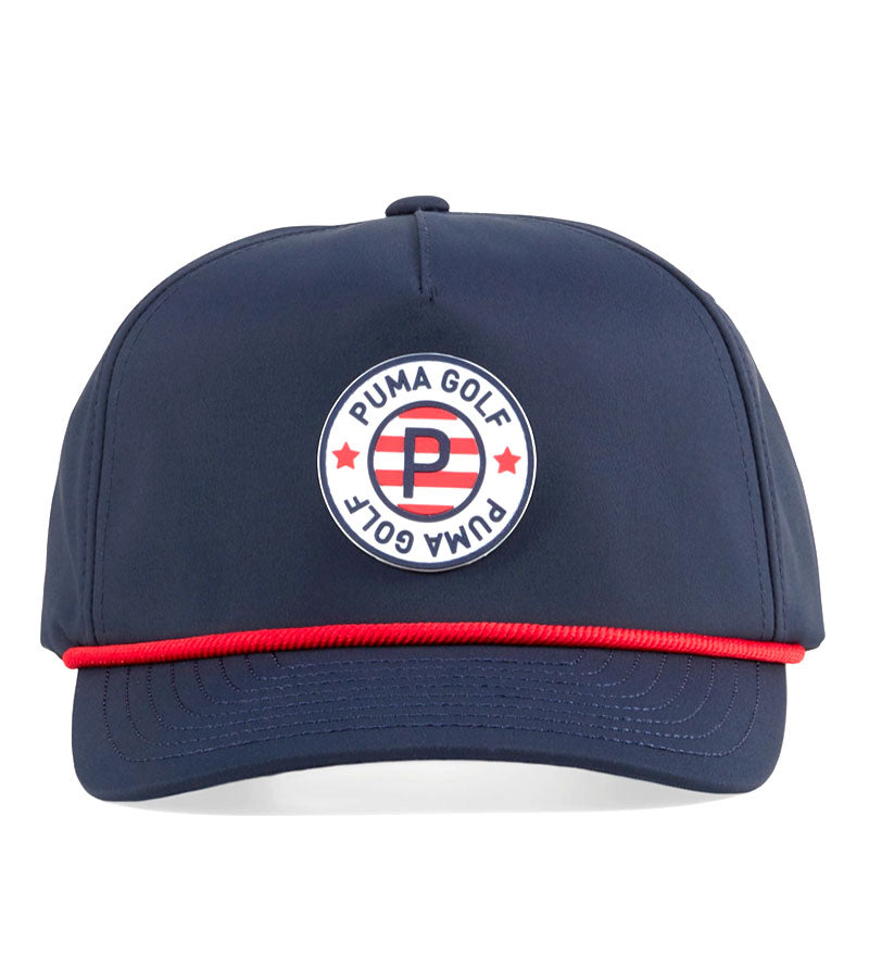Puma Pars & Stripes Rope Tech Cap in navy with red accent detail & puma golf logo - front