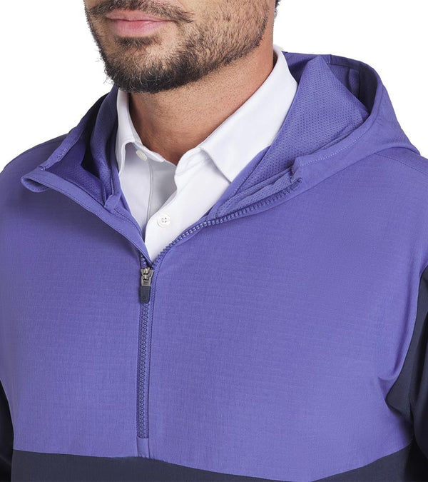 Puma Ripguard Anorak Pullover Mens Golf Jacket  in Blue Crystal -partial model closeup of zipper and mesh hood interior
