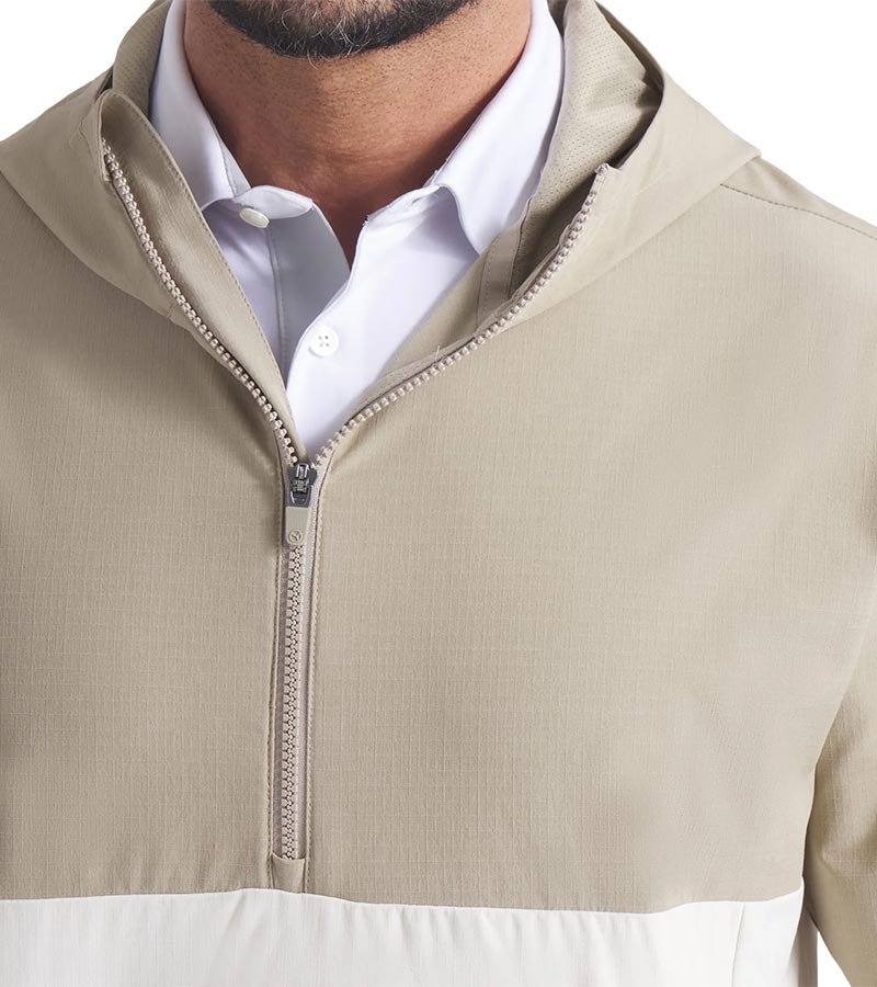 Puma Ripguard Anorak Pullover Mens Golf Jacket in lce Coffee -closeup of front zipper and hood