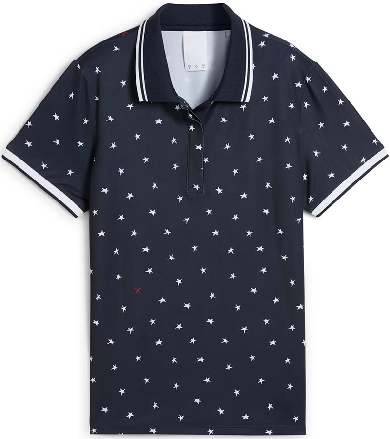 Puma Volition Dancing Stars Short Sleeve Women’s Golf Polo Shirt with front view in Deep Navy with white stars