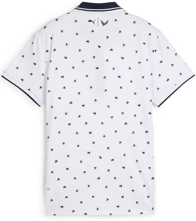 Puma Volition Dancing Stars Short Sleeve Women’s Golf Polo Shirt with back view in White Glow with navy stars