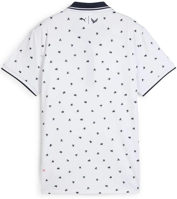 Puma Volition Dancing Stars Short Sleeve Women’s Golf Polo Shirt with back view in White Glow with navy stars