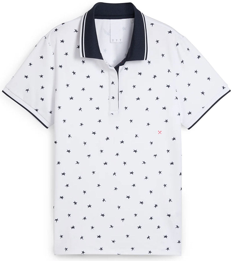 Puma Volition Dancing Stars Short Sleeve Women’s Golf Polo Shirt with front view in White Glow with navy stars