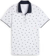 Puma Volition Dancing Stars Short Sleeve Women’s Golf Polo Shirt with front view in White Glow with navy stars