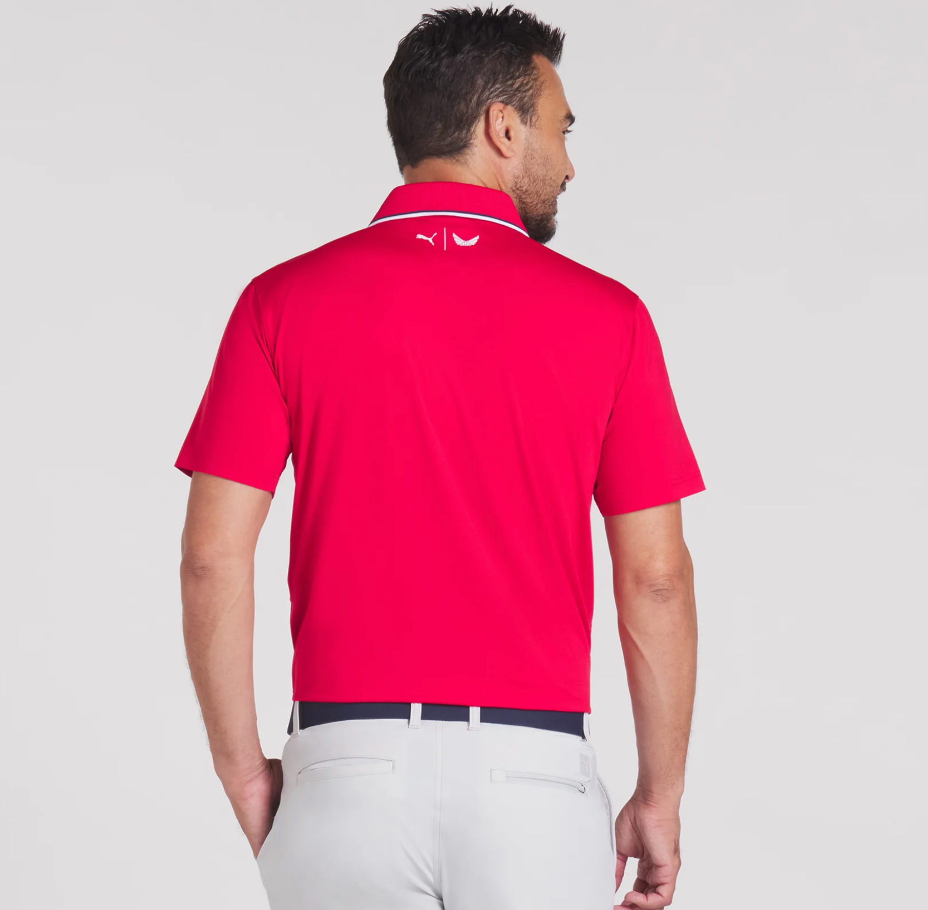 Puma Volition Tipped Men’s Golf Polo in Strong Red- partial model back view