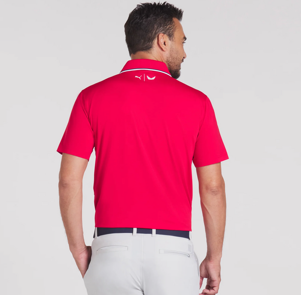 Puma Volition Tipped Men’s Golf Polo in Strong Red- partial model back view