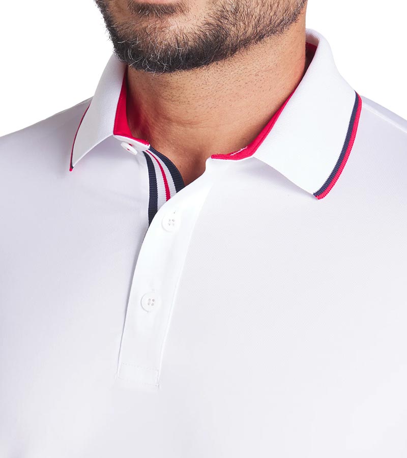 Puma Volition Tipped Men’s Golf Polo in White Glow - close up of tipped collar and 2 button placket