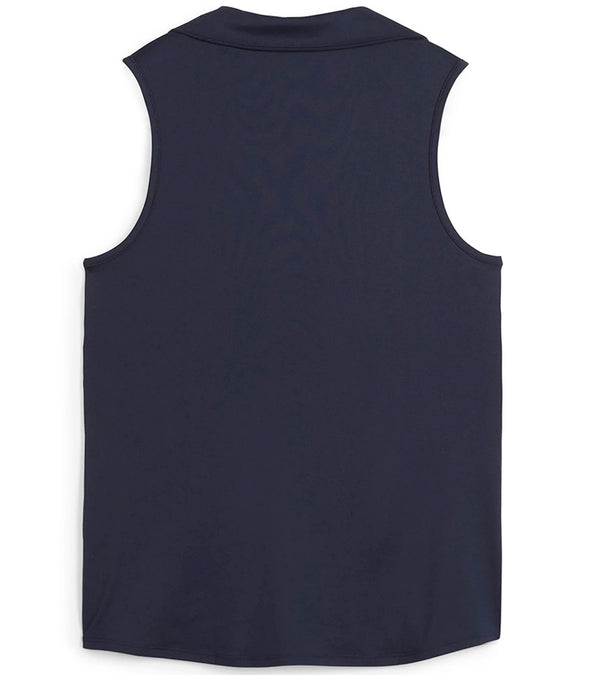Puma Womens CLOUDSPUN Piped Sleeveless Golf Polo Shirt- back in solid Deep Navy. With a classic collar, the golf shirt’s standout feature is its piped detailing at the V neckline adding a touch of sophistication to the overall design.