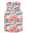 Puma MATTR Hadley Sleeveless Womens Golf Polo Shirt - back view in White Glow / Peach Frost an an eye-catching floral print in vibrant coral pink and lush green tones