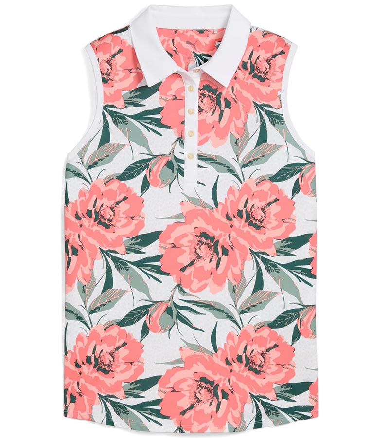 Puma MATTR Hadley Sleeveless Womens Golf Polo Shirt - front view in White Glow / Peach Frost an an eye-catching floral print in vibrant coral pink and lush green tones