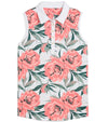 Puma MATTR Hadley Sleeveless Womens Golf Polo Shirt - front view in White Glow / Peach Frost an an eye-catching floral print in vibrant coral pink and lush green tones