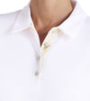 Puma Pique Accent Womens Golf Polo Shirt in White Glow - close up of 4 button placket and collar