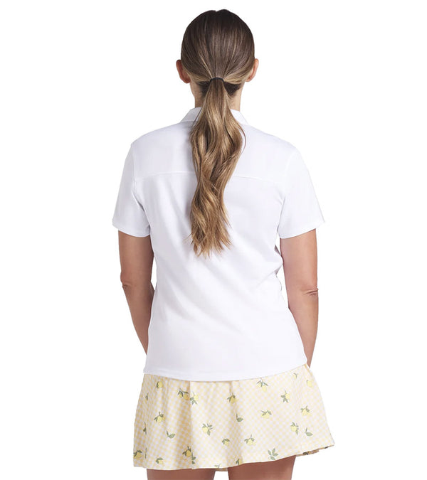 Puma Pique Accent Womens Golf Polo Shirt in White Glow - partial model - back view