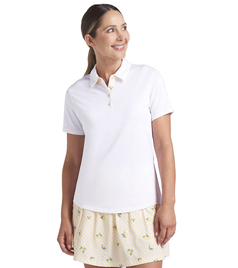 Puma Pique Accent Womens Golf Polo Shirt in White Glow - partial model - front view