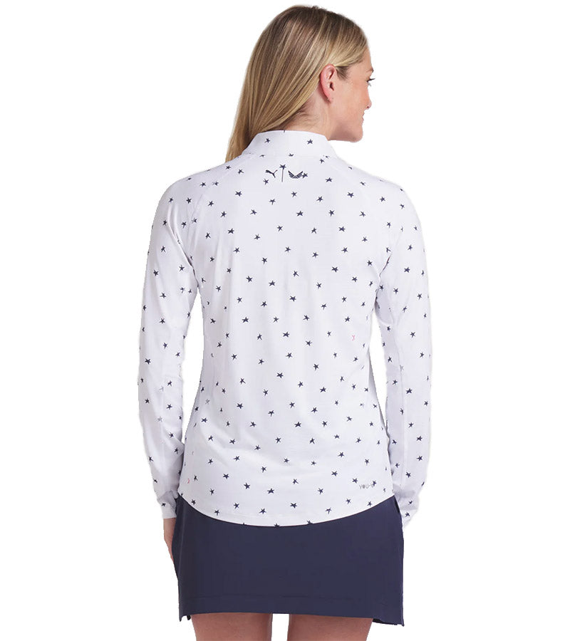 Puma Volition YouV Star Womens Golf Quarter Zip in White Glow- partial model back view