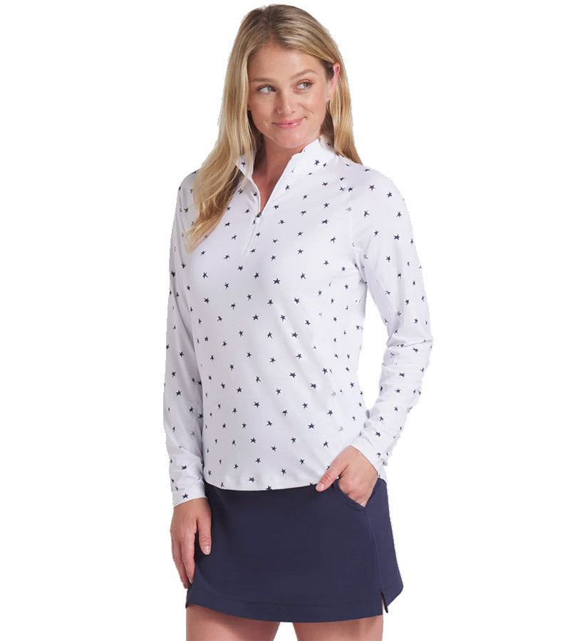 Puma Volition YouV Star Womens Golf Quarter Zip in White Glow-partial model front view