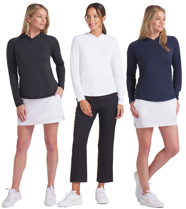 Puma YouV Brrr Womens Golf Hoodie 3 models in Puma Black, White Glow & Deep Navy front views