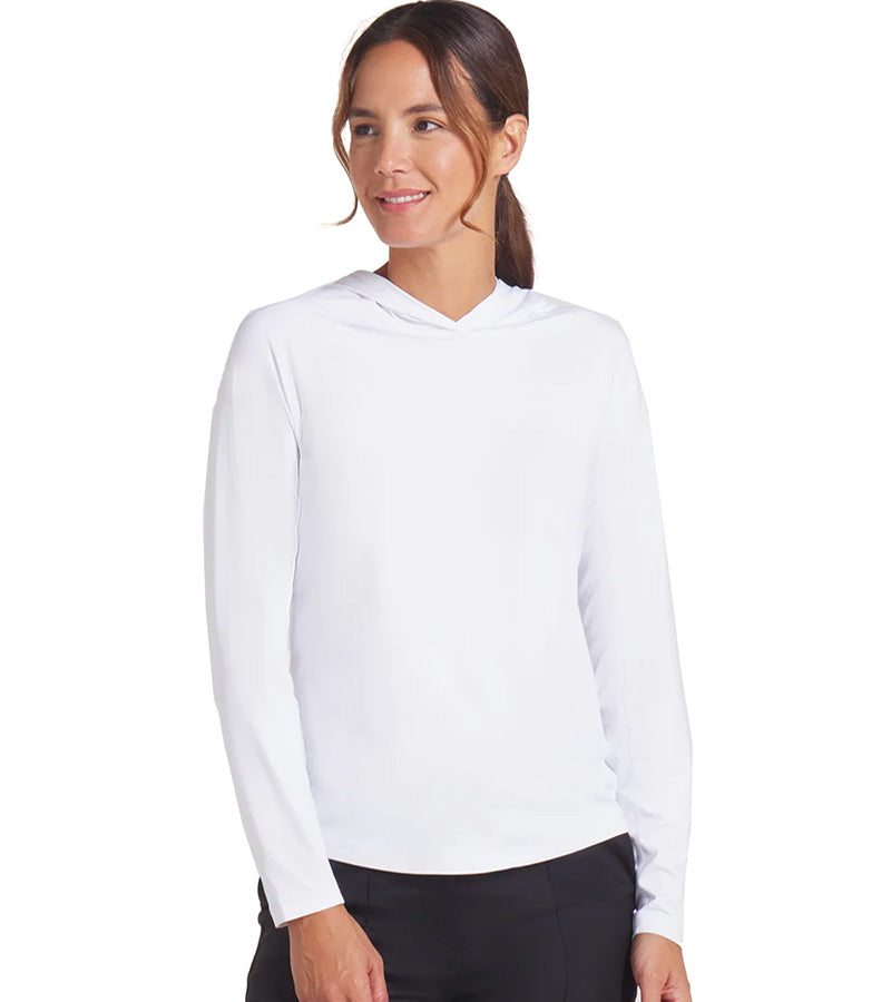 Puma YouV Brrr Womens Golf Hoodie in White Glow- partial model front view