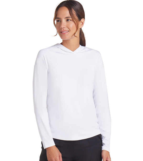 Puma YouV Brrr Womens Golf Hoodie in White Glow- partial model front view